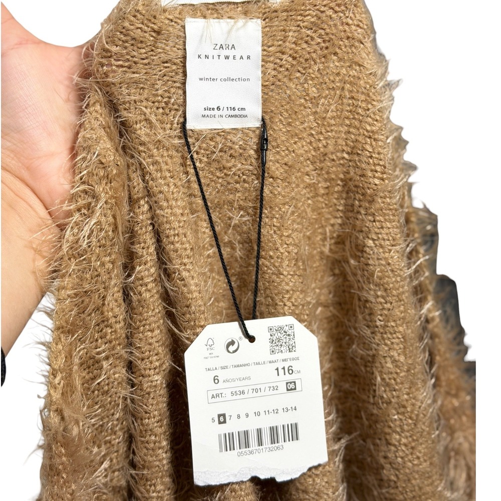 Zara Kids Fuzzy Eyelash Knit Camel Brown Open Front Cardigan Girls Size 6 NWT - Picture 5 of 7